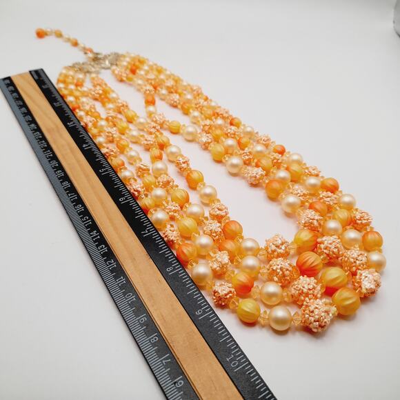 Vintage Hong Kong Lucite Necklace 4-Strand 22" Orange Peach Multi Bead - Picture 10 of 11